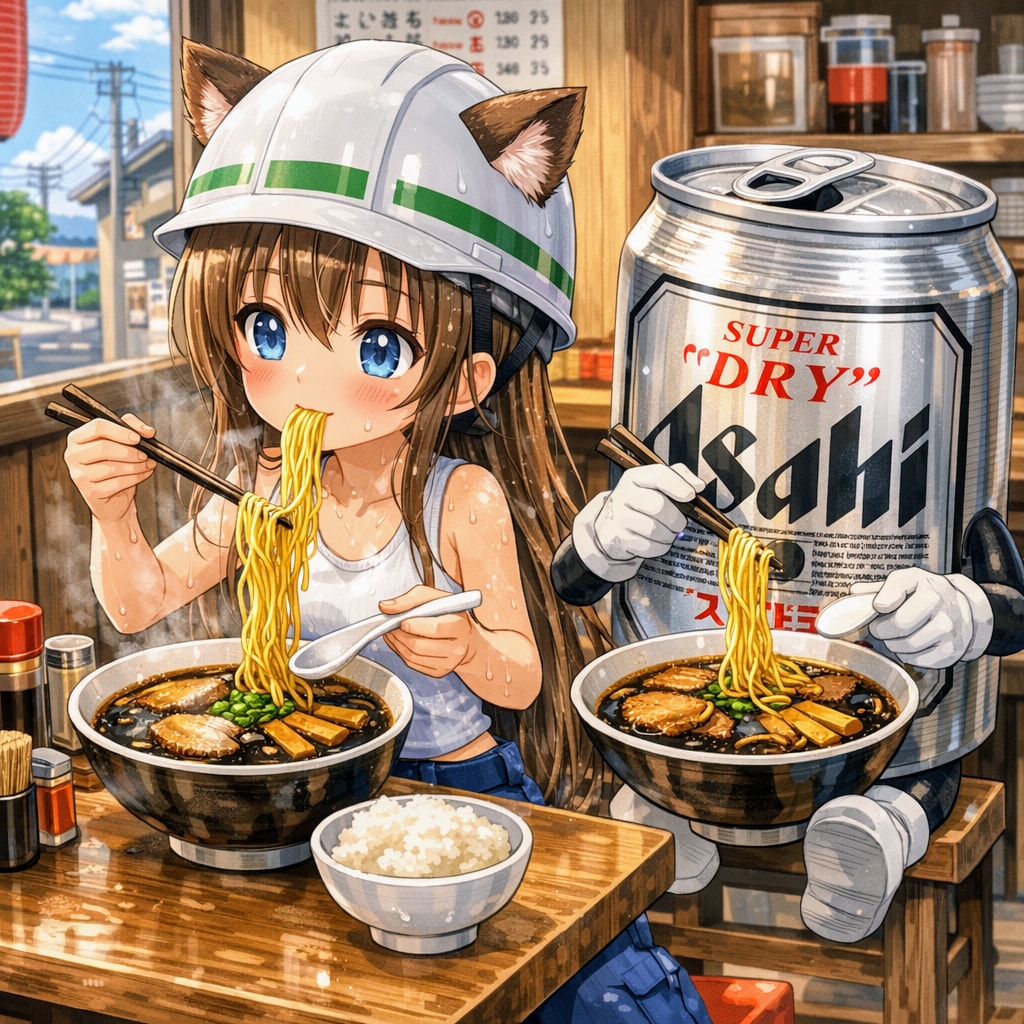 富山ブラックラーメンを食べる小さな女の子