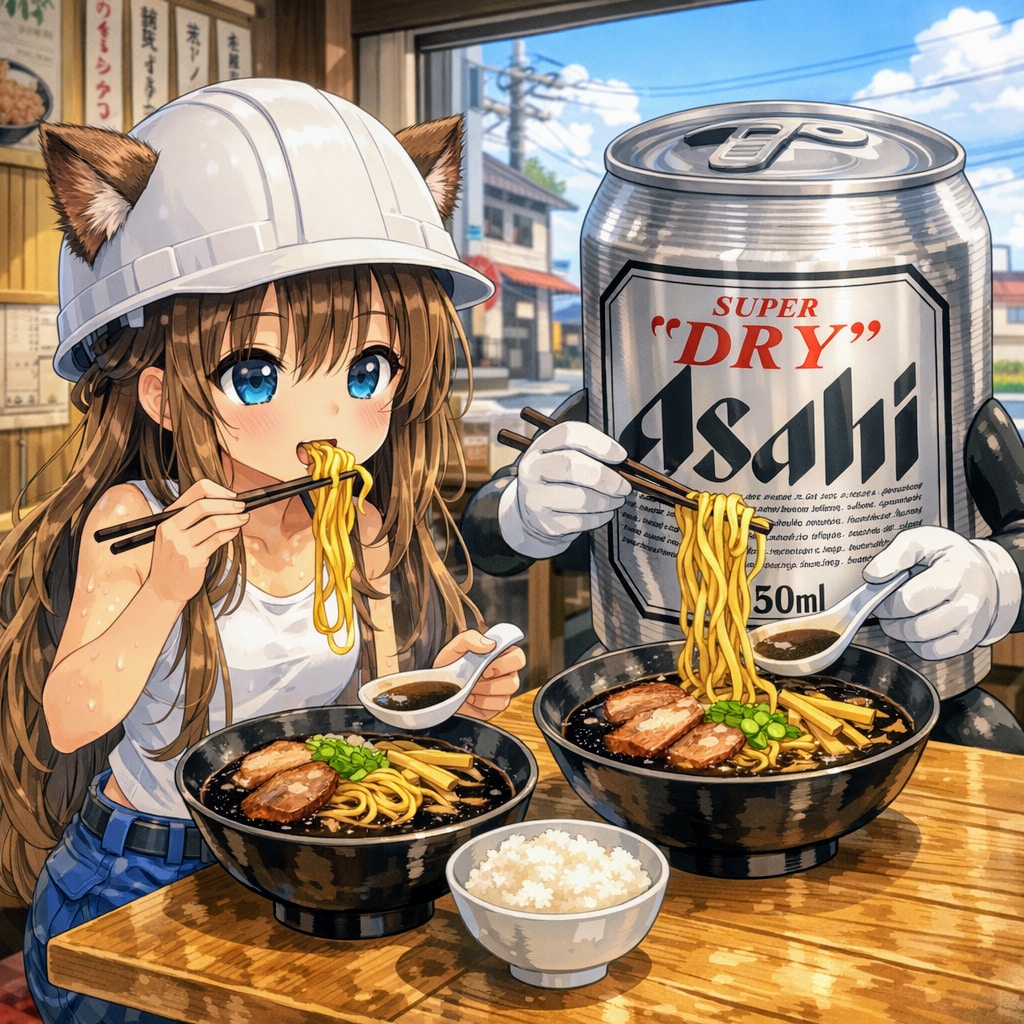 富山ブラックラーメンを食べる小さな女の子