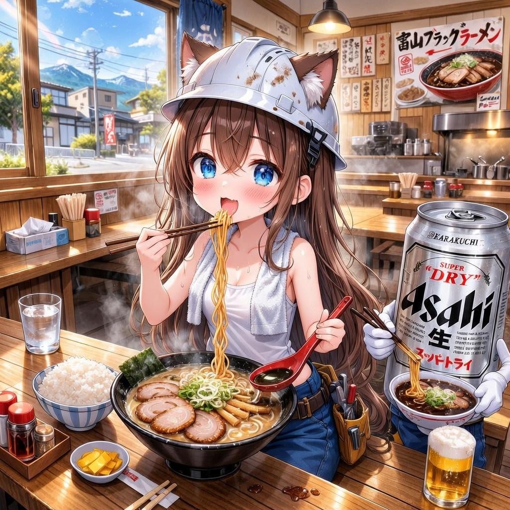 富山ブラックラーメンを食べる小さな女の子