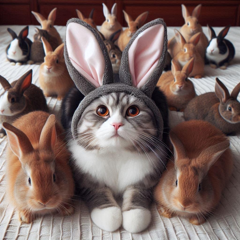 ウサギに扮する猫