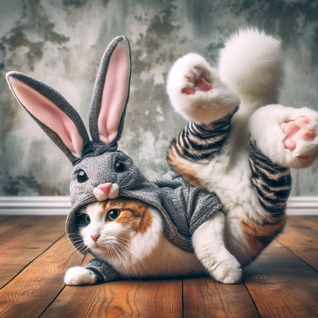 ウサギに扮する猫