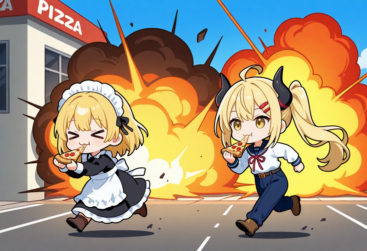 屋外でピザを頂くメイドさんと女鬼高生さん
