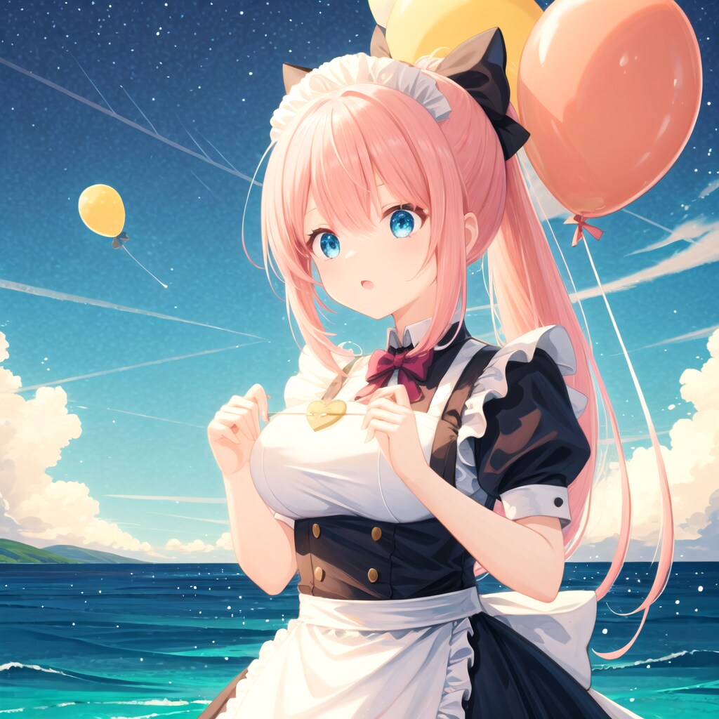 海辺で風船を膨らませるピンク髪ポニーテールのメイドさん