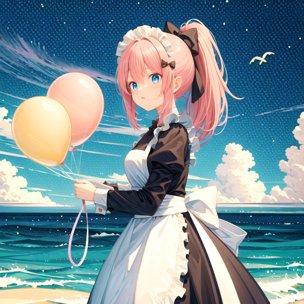 海辺で風船を膨らませるピンク髪ポニーテールのメイドさん