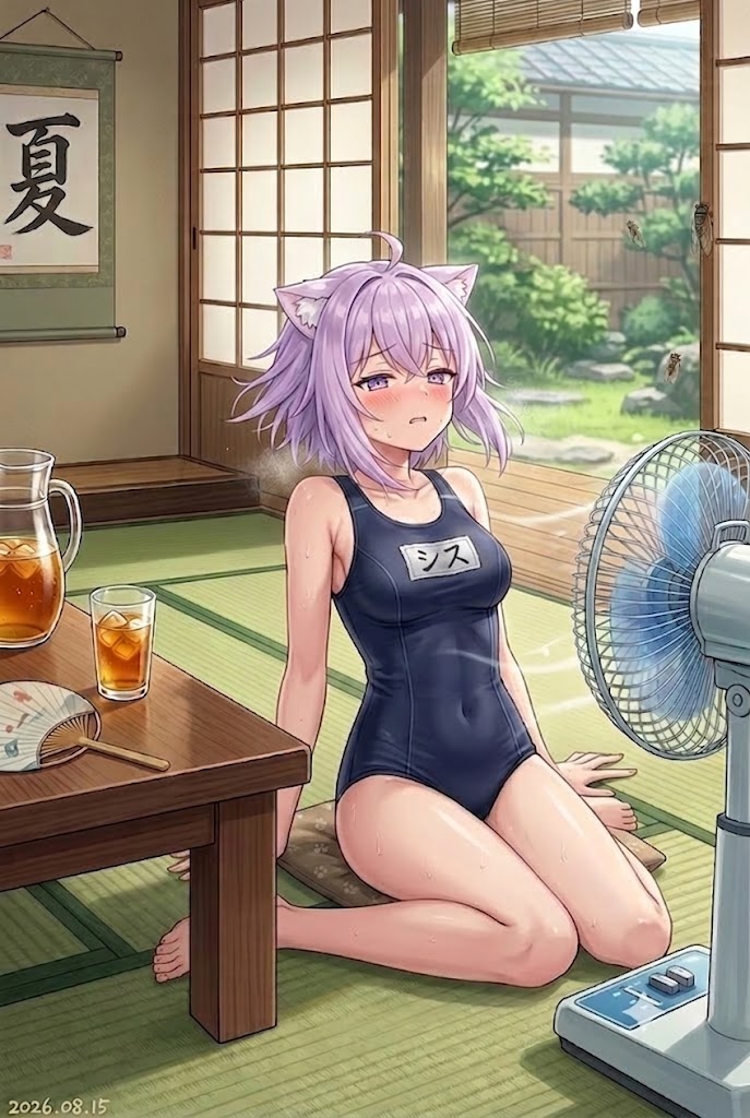 夏の伝統的涼の取り方をするスク水のシス