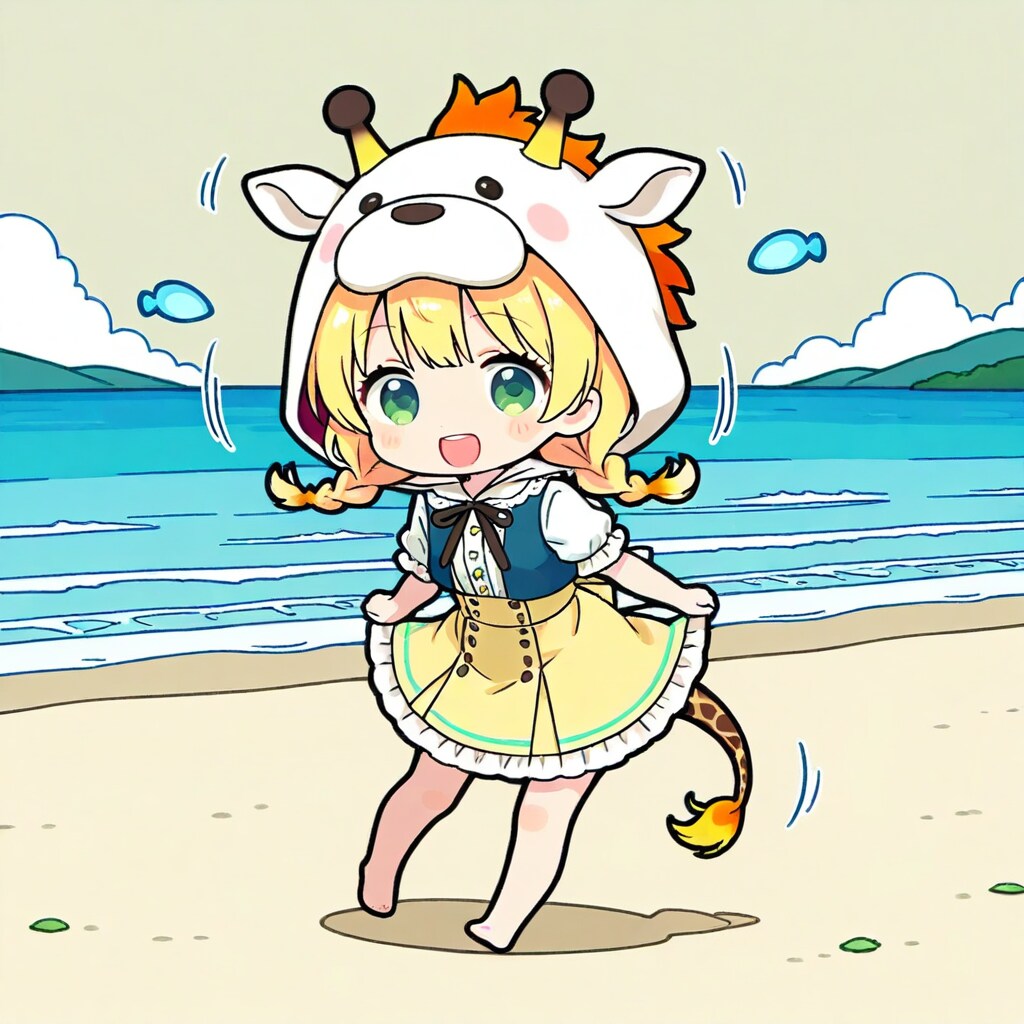 砂浜とアニマルフーディーちび子ちゃん