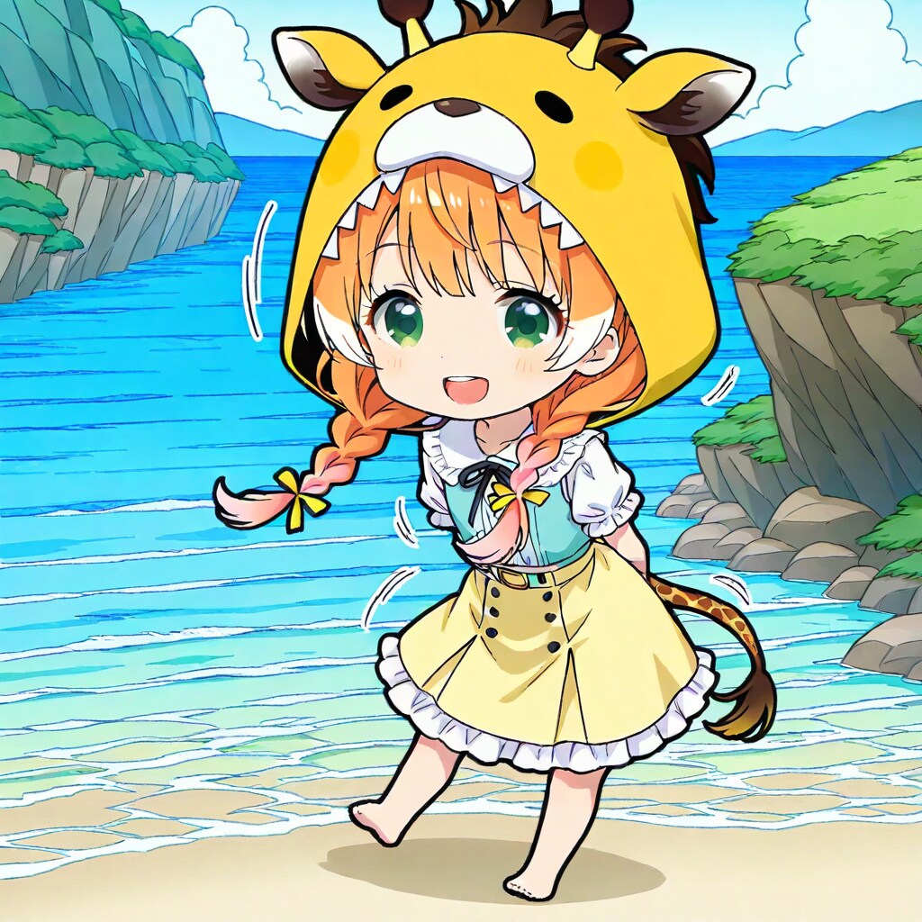 砂浜とアニマルフーディーちび子ちゃん