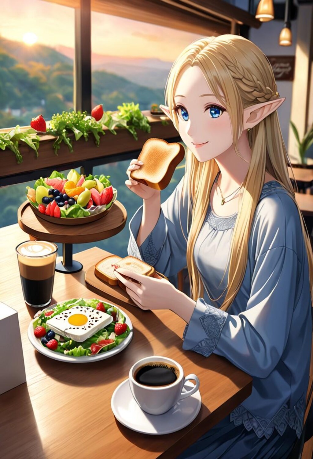 モーニングを楽しむ金髪エルフさん