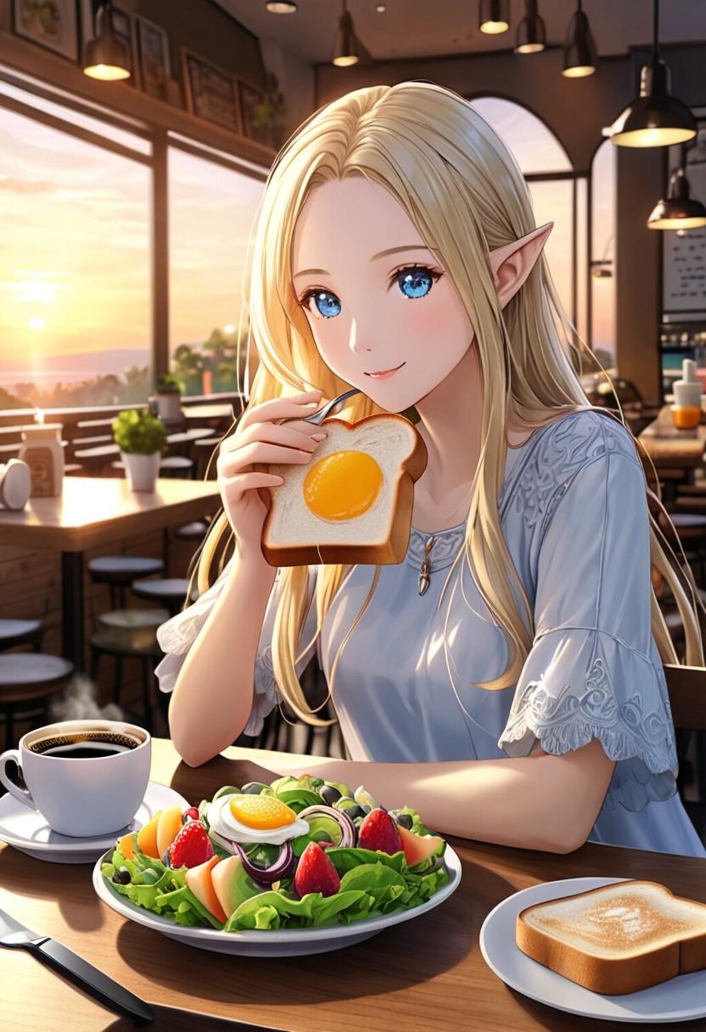 モーニングを楽しむ金髪エルフさん