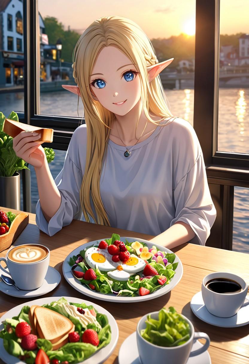 モーニングを楽しむ金髪エルフさん