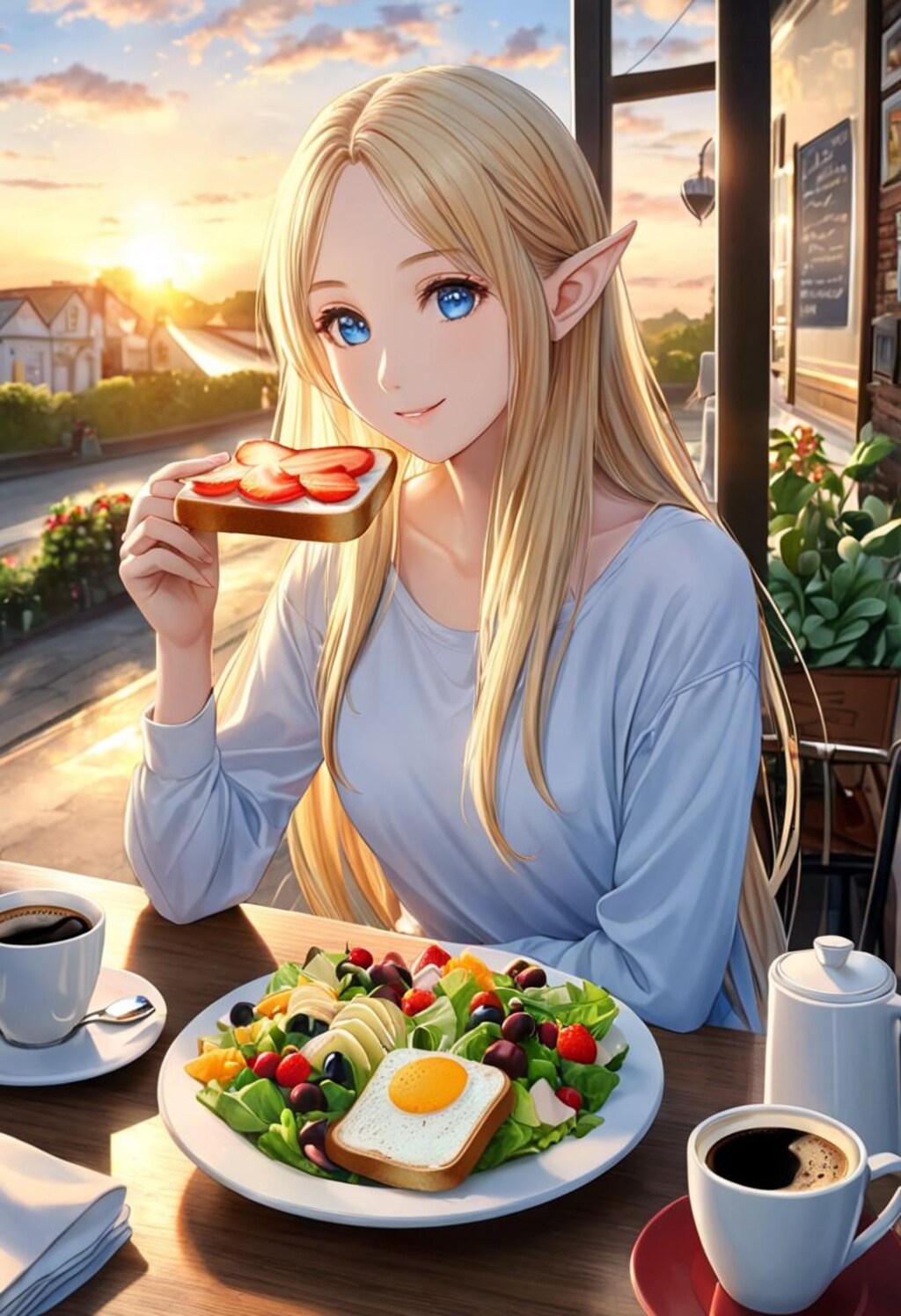 モーニングを楽しむ金髪エルフさん