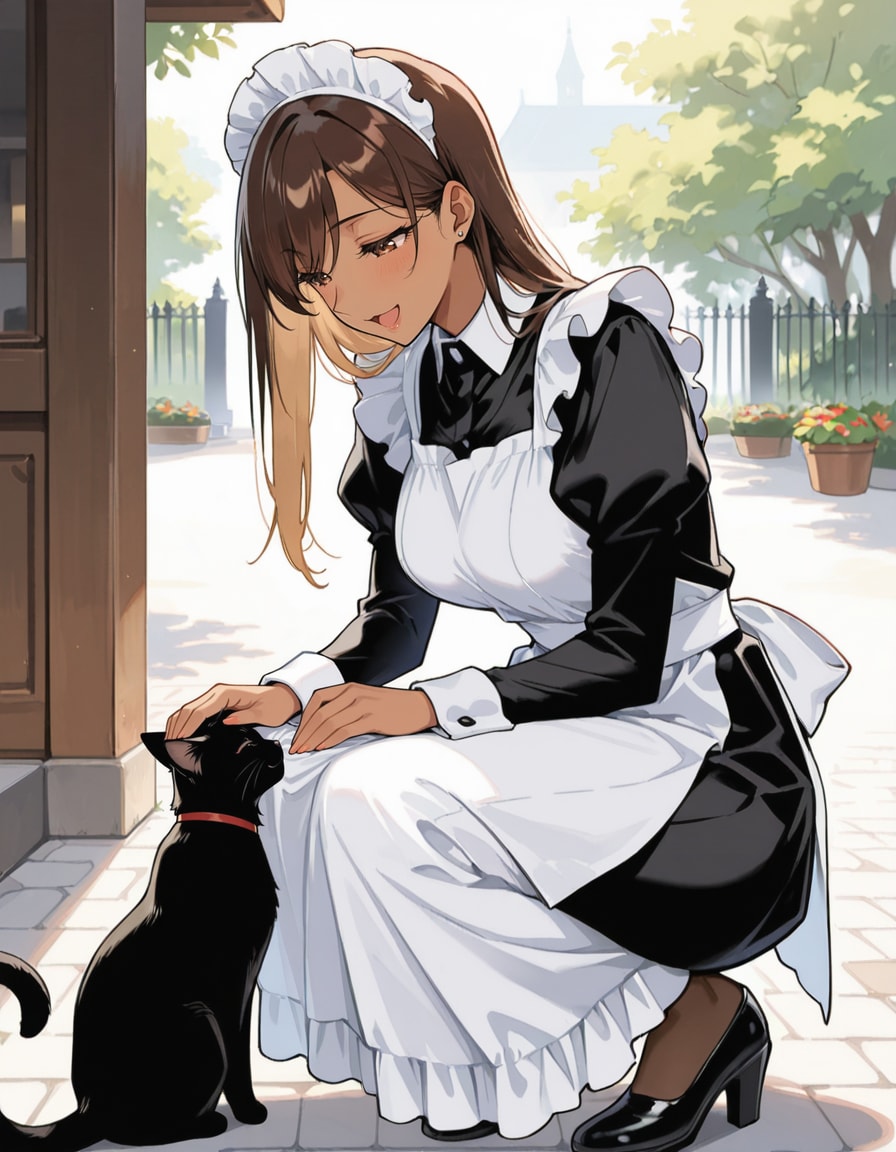 黒猫を撫でるメイドお姉さん