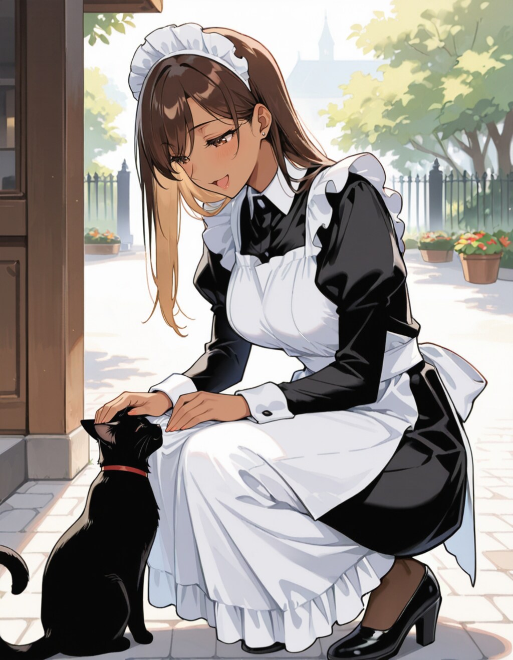 黒猫を撫でるメイドお姉さん