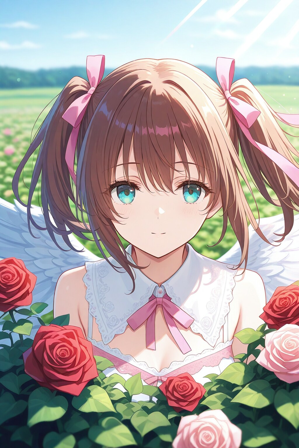 カラフルなバラ園と天使