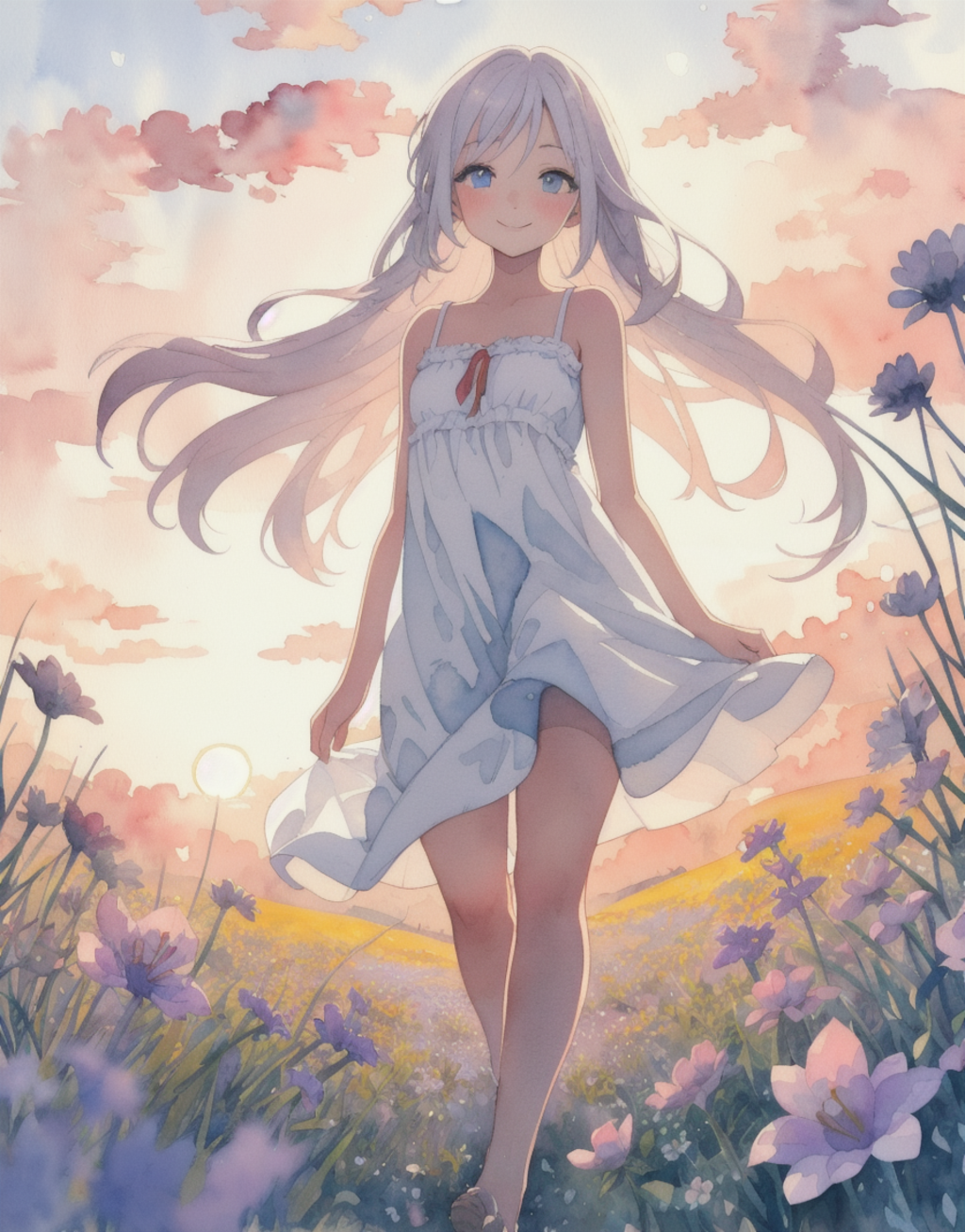 夕暮れの草原で