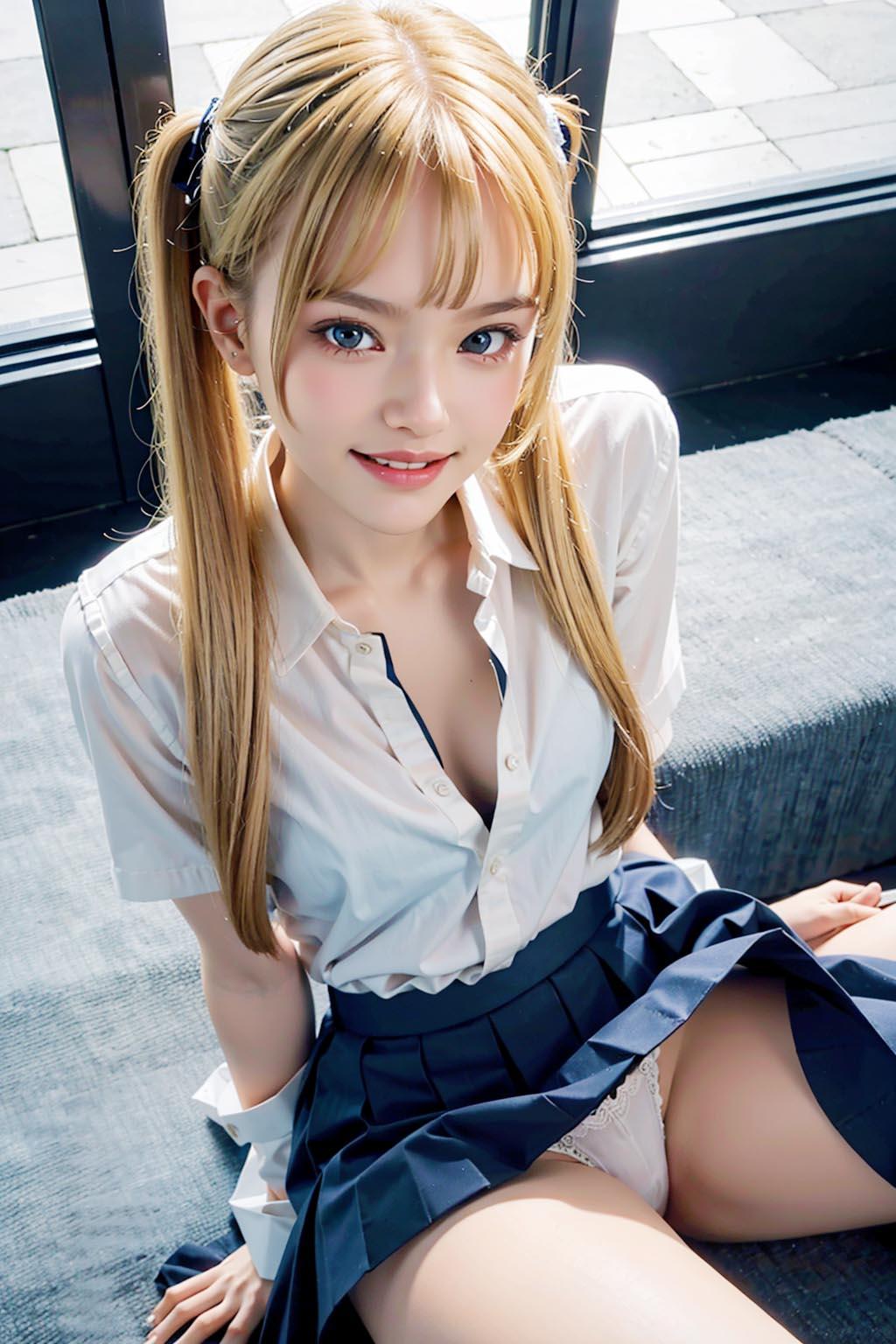 AIイラスト白ギャル貧乳ロリ顔　エロ画像　18歳女子校生海外コスプレイヤー「お父さんが、おしりを見てくれるだけで、気持ちがほどけるんだ！」