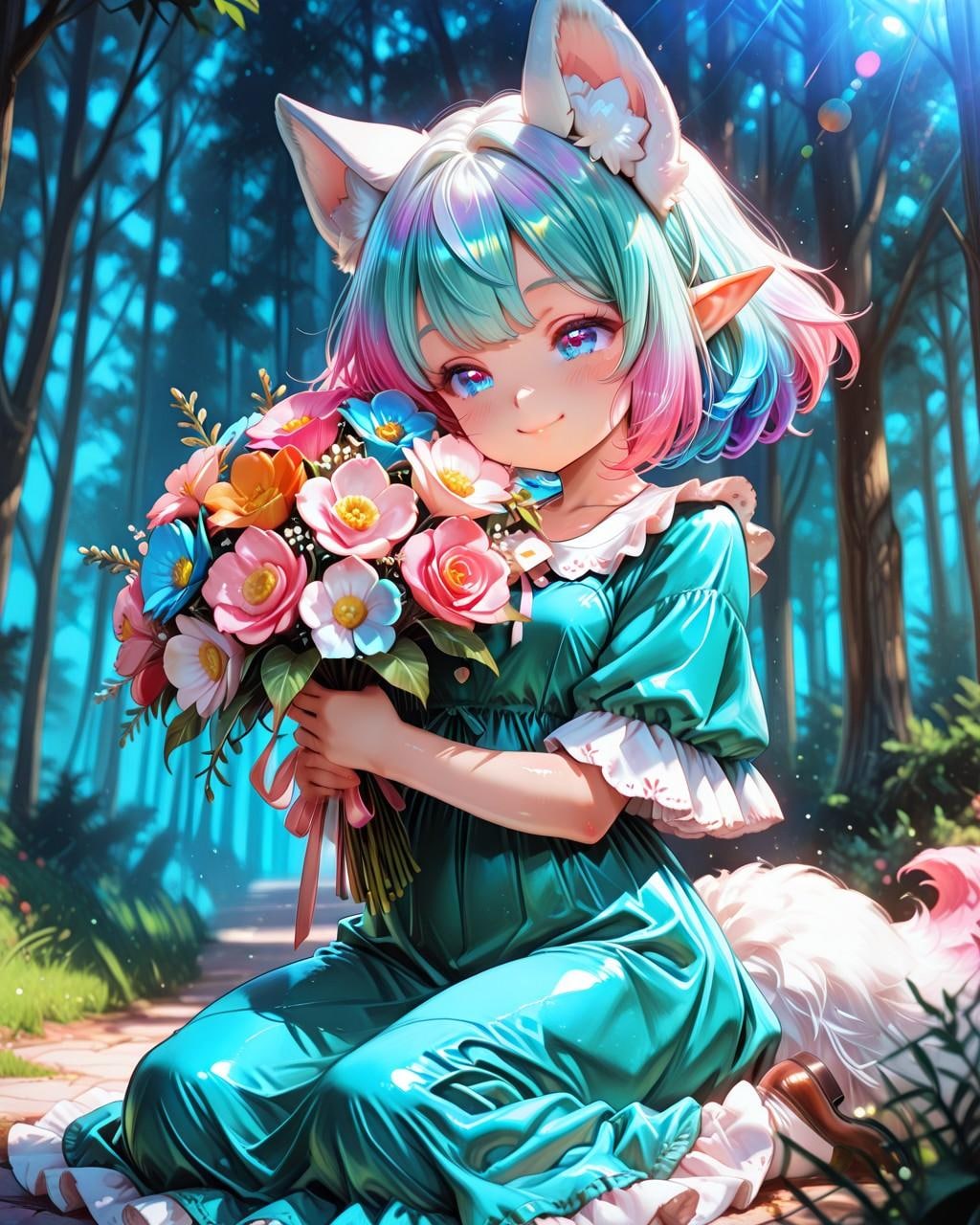 6枚）花束とケモ耳エルフさん