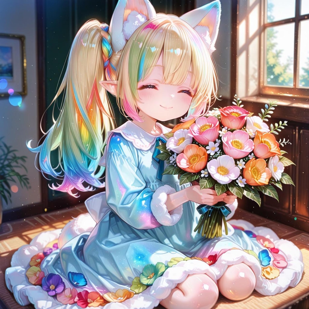 6枚）花束とケモ耳エルフさん