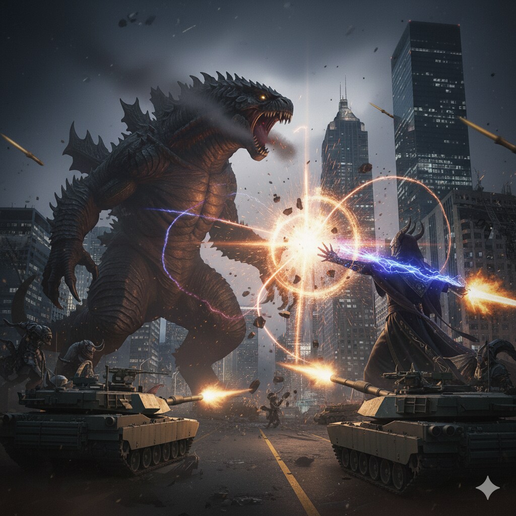 怪獣VS魔王の軍団VS現代の軍隊