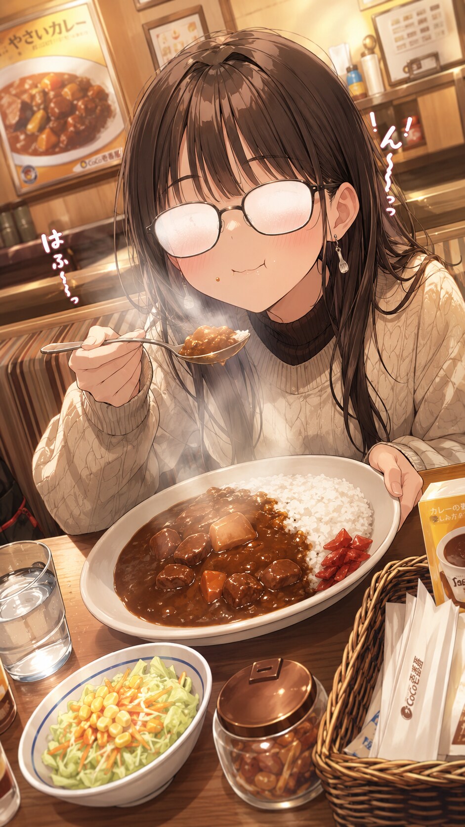 湯気立つカレーと曇るメガネ