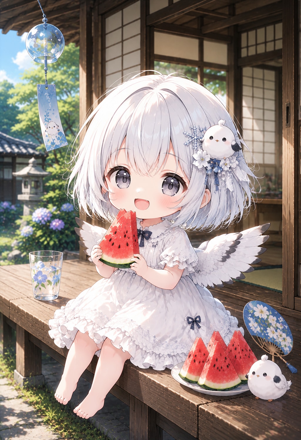 縁側でスイカのシマちゃん