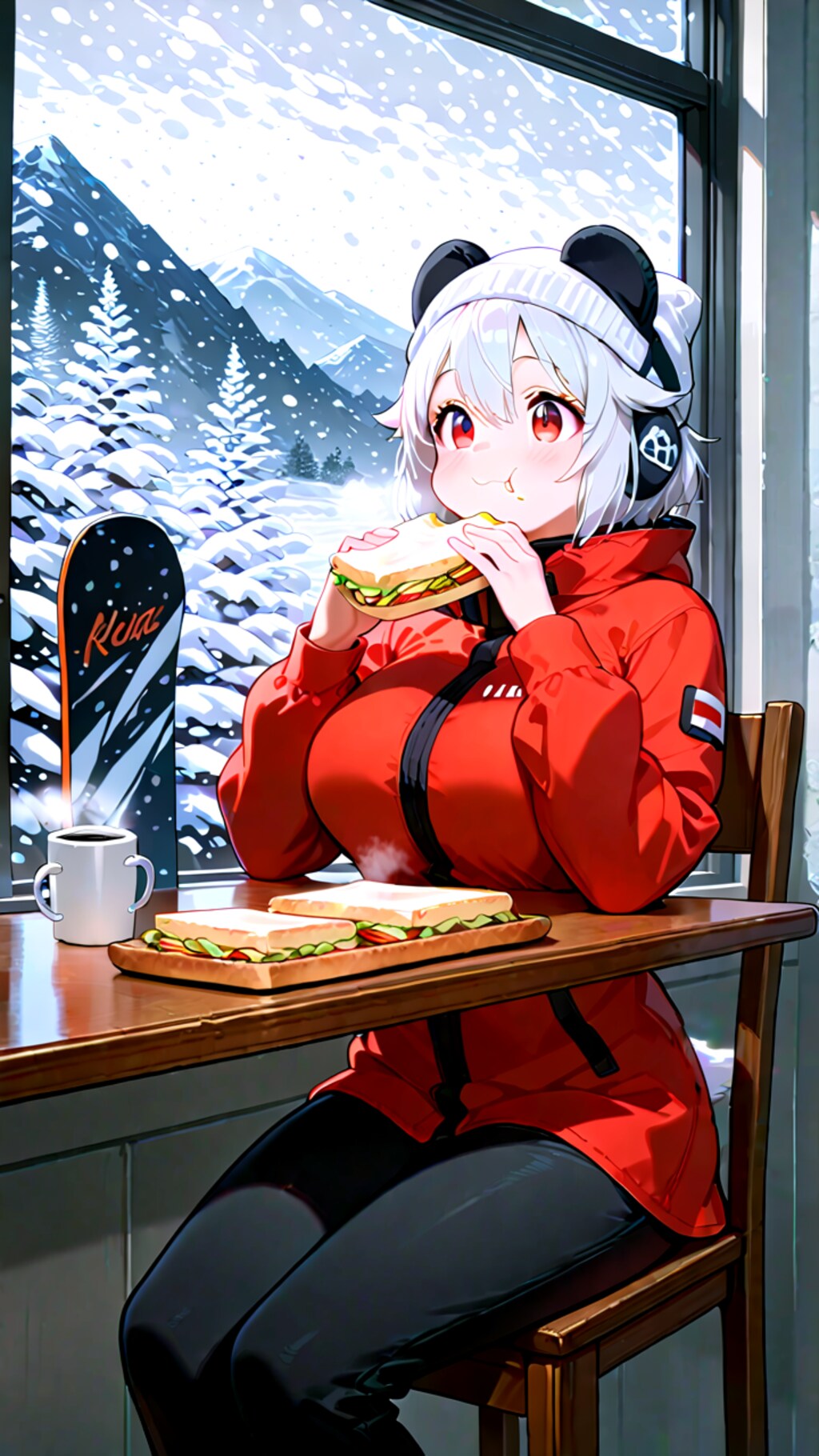 冬将軍が来ている横でサンドウィッチを食べているネズ耳スノーボーダー