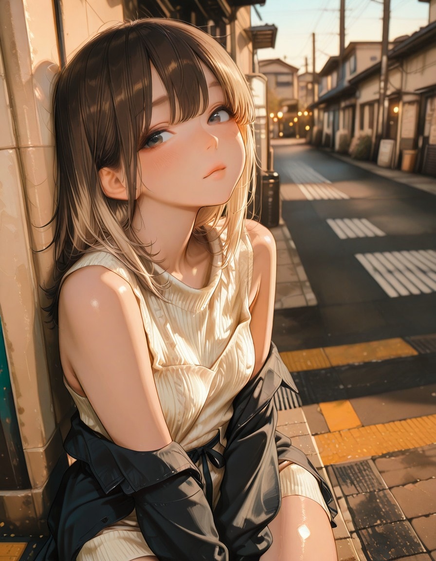 道路脇に座る子 | の人気AIイラスト・グラビア