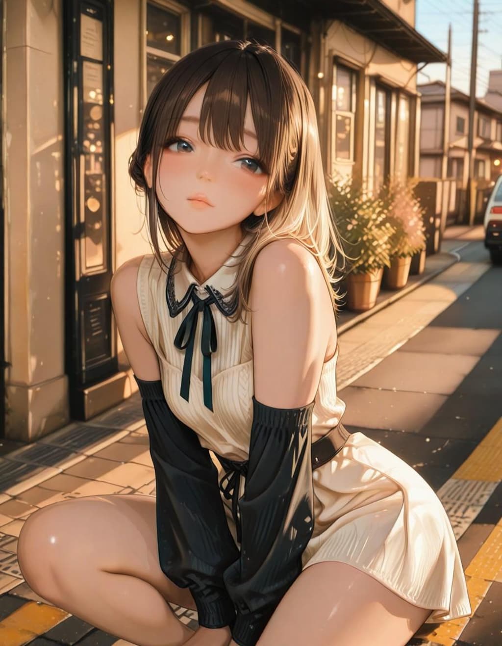 道路脇に座る子