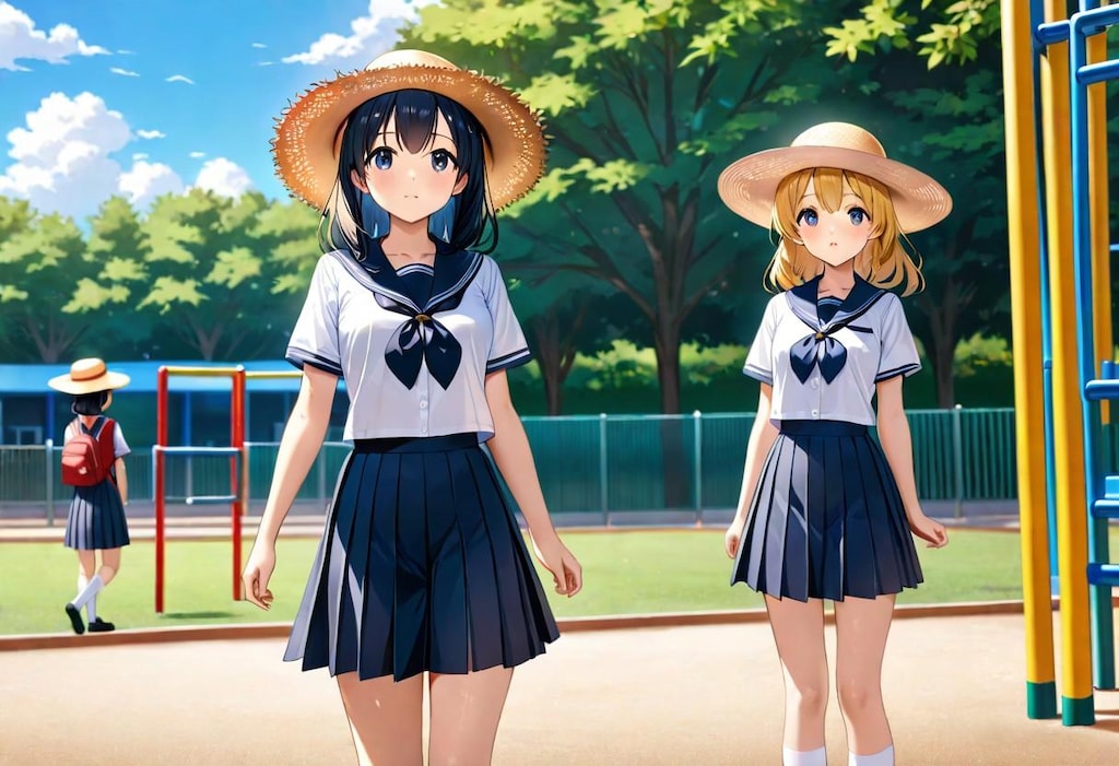 麦わら帽子のセーラー服少女