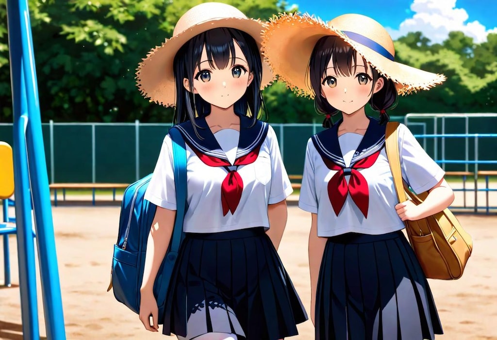 麦わら帽子のセーラー服少女