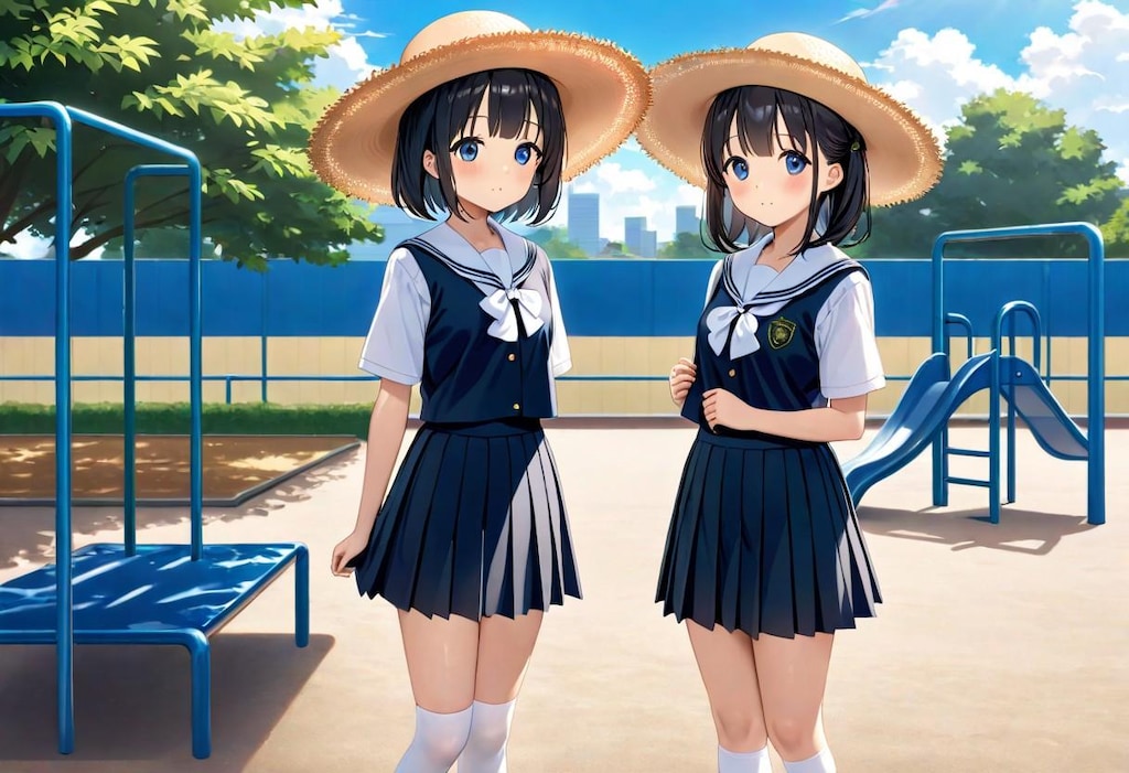 麦わら帽子のセーラー服少女