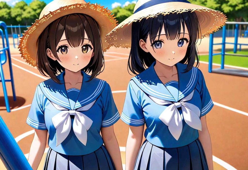 麦わら帽子のセーラー服少女