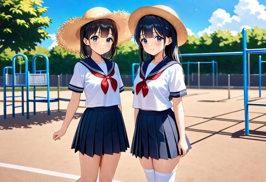 麦わら帽子のセーラー服少女