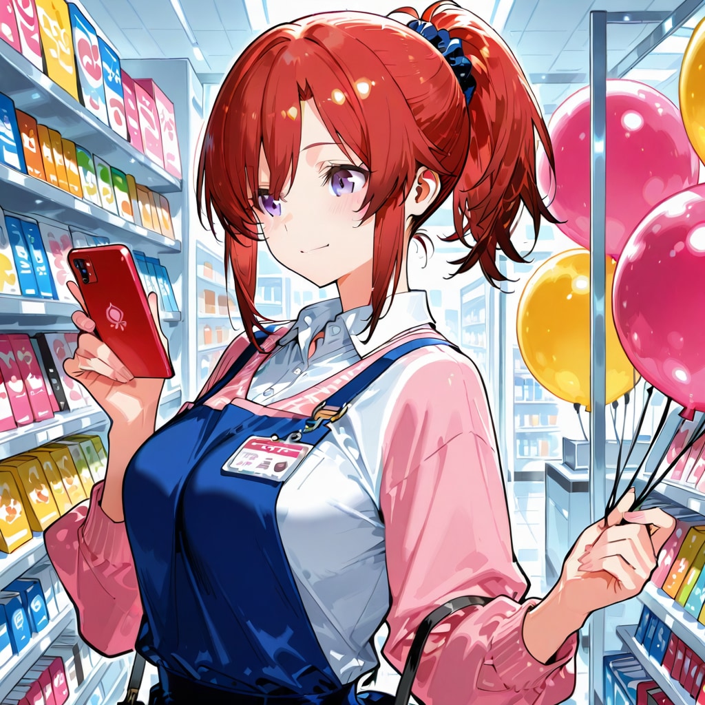 いっぱい風船を持つ赤い髪ポニーテールの携帯ショップの美女店員さん