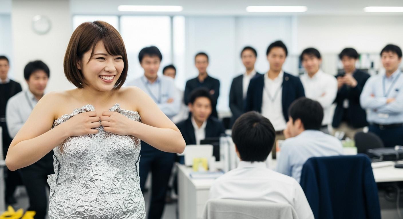 社内でアルミホイルだけを身にまとっている女性