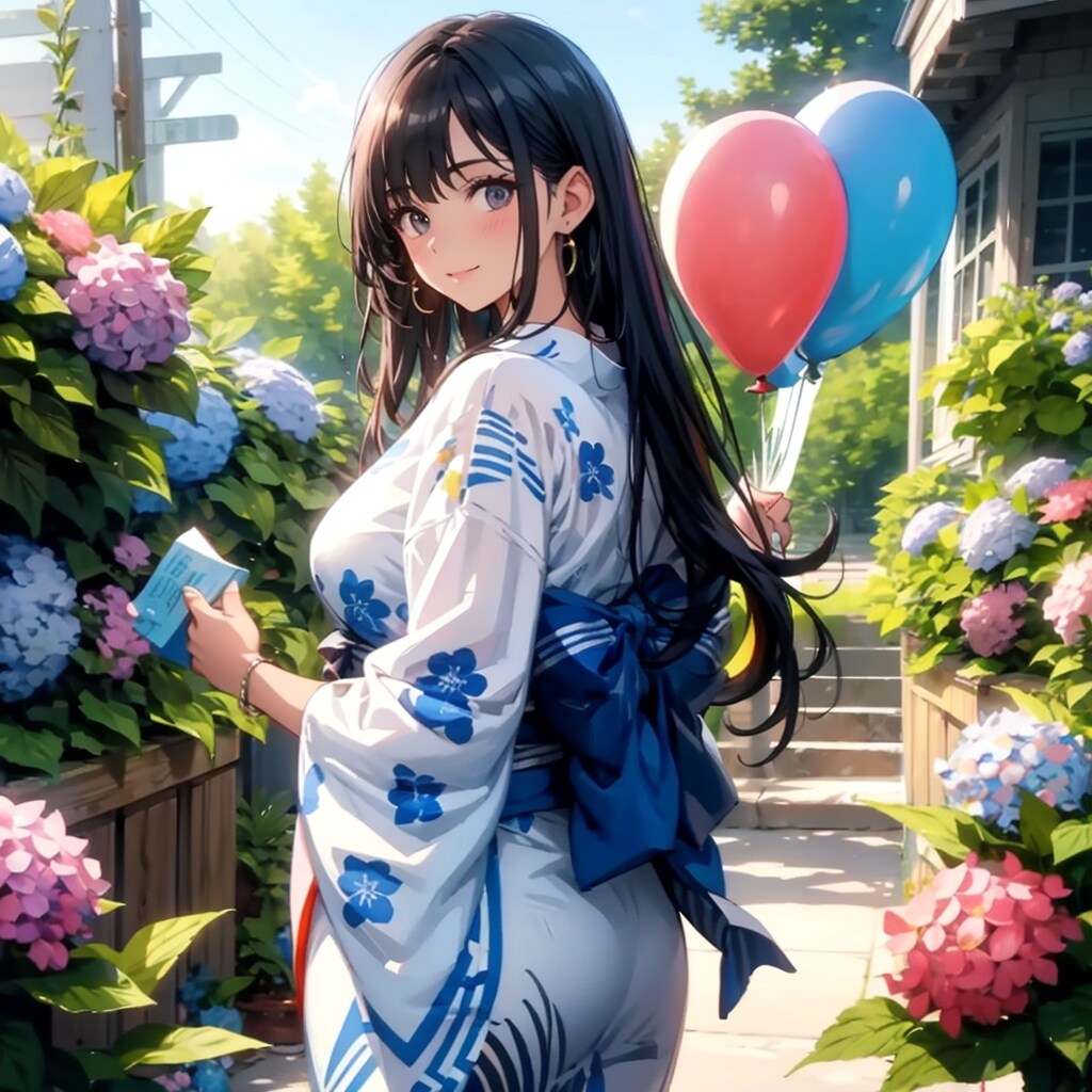 紫陽花咲く庭園で風船を持つ黒髪ロングの着物着た美女