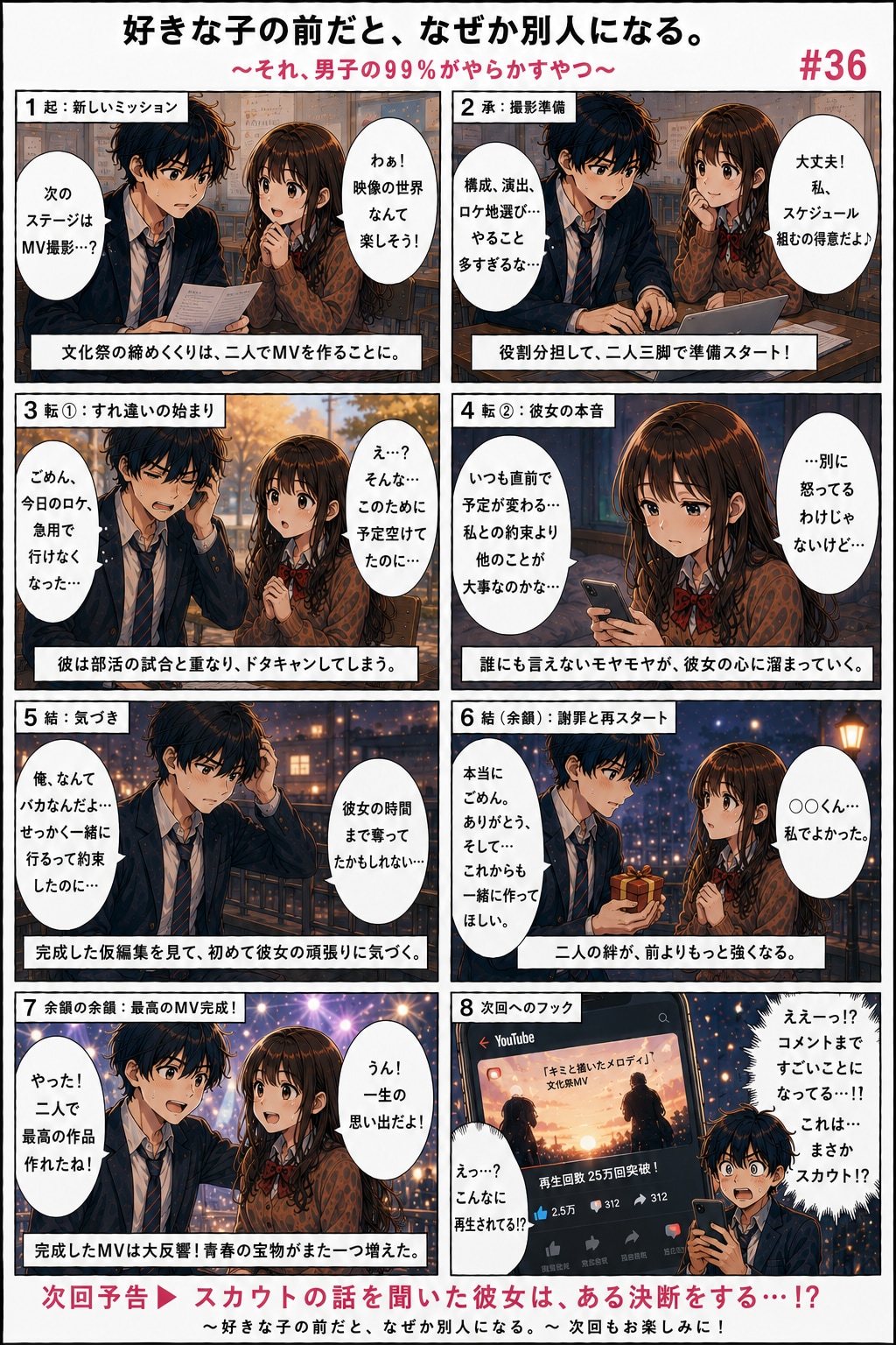 青春ラブコメシリーズ化：漫画生成GPT（GPTs）  「続きのストーリーの漫画を描いてください。」と言ったら続きができました。 勝手にストーリーが進行していきます。  GPTに丸投げしているので文化祭