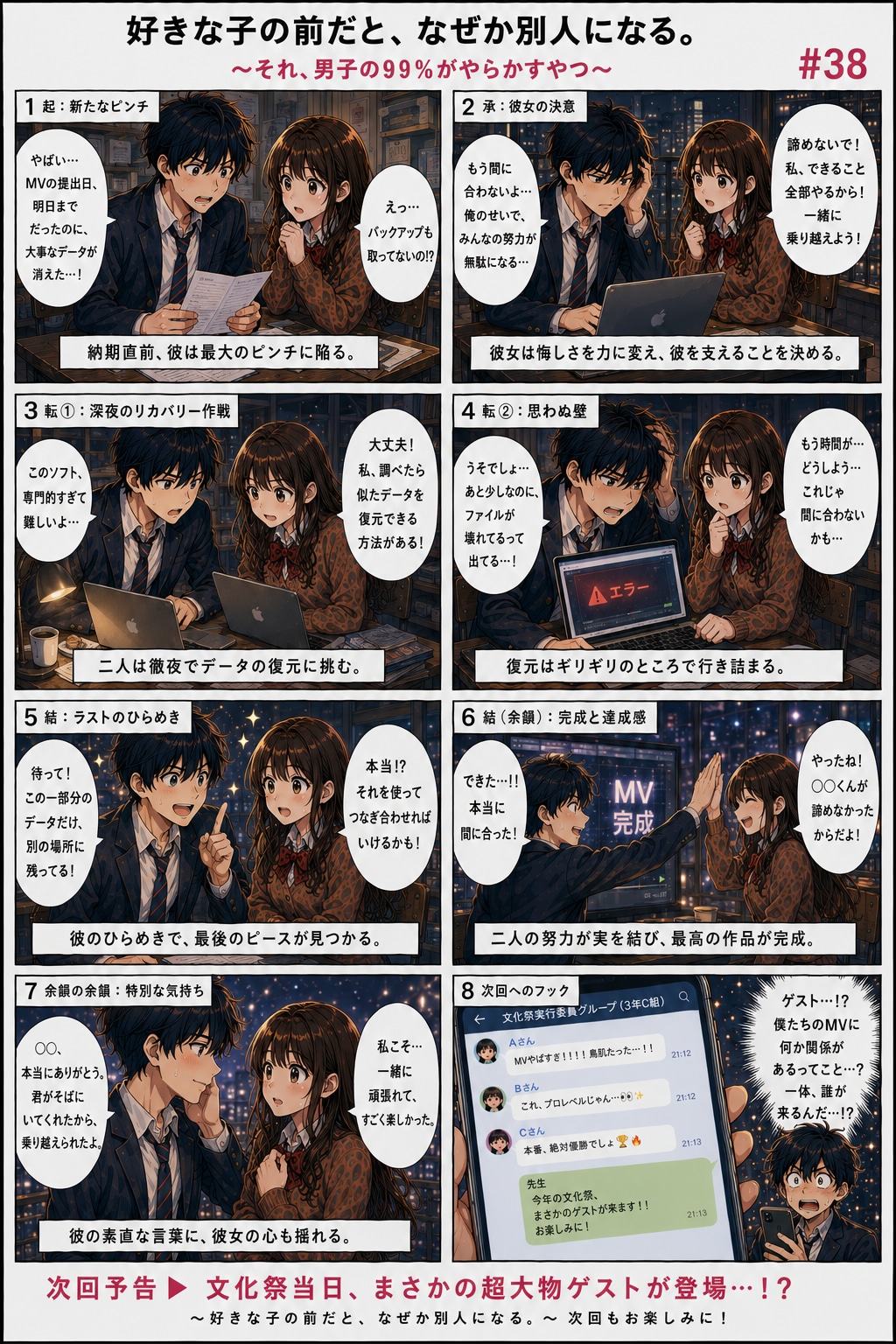 青春ラブコメシリーズ化：漫画生成GPT（GPTs）  「続きのストーリーの漫画を描いてください。」と言ったら続きができました。 勝手にストーリーが進行していきます。  GPTに丸投げしているので文化祭