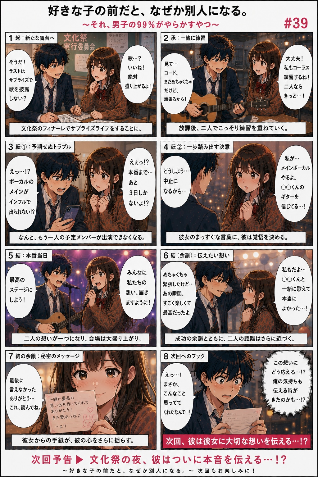 青春ラブコメシリーズ化：漫画生成GPT（GPTs）  「続きのストーリーの漫画を描いてください。」と言ったら続きができました。 勝手にストーリーが進行していきます。  GPTに丸投げしているので文化祭