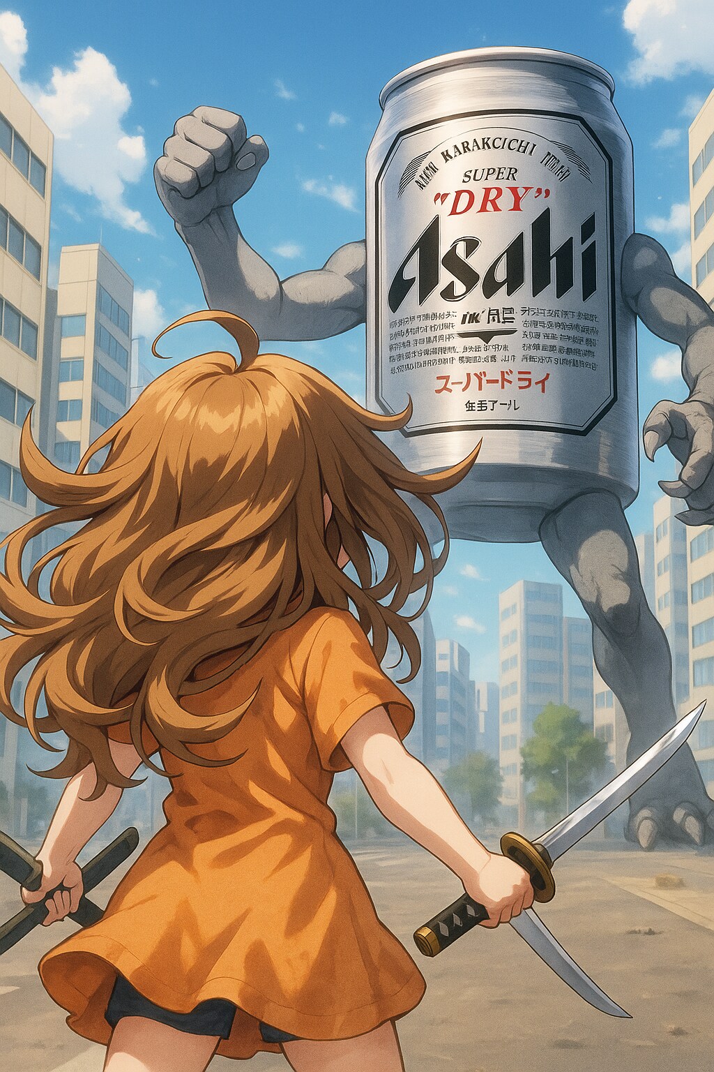 巨大なビール缶と対峙した小さな女の子