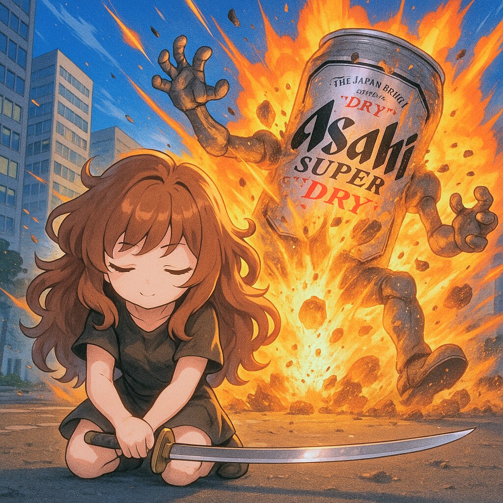 巨大なビール缶と対峙した小さな女の子