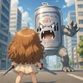 巨大なビール缶と対峙した小さな女の子 3枚目
