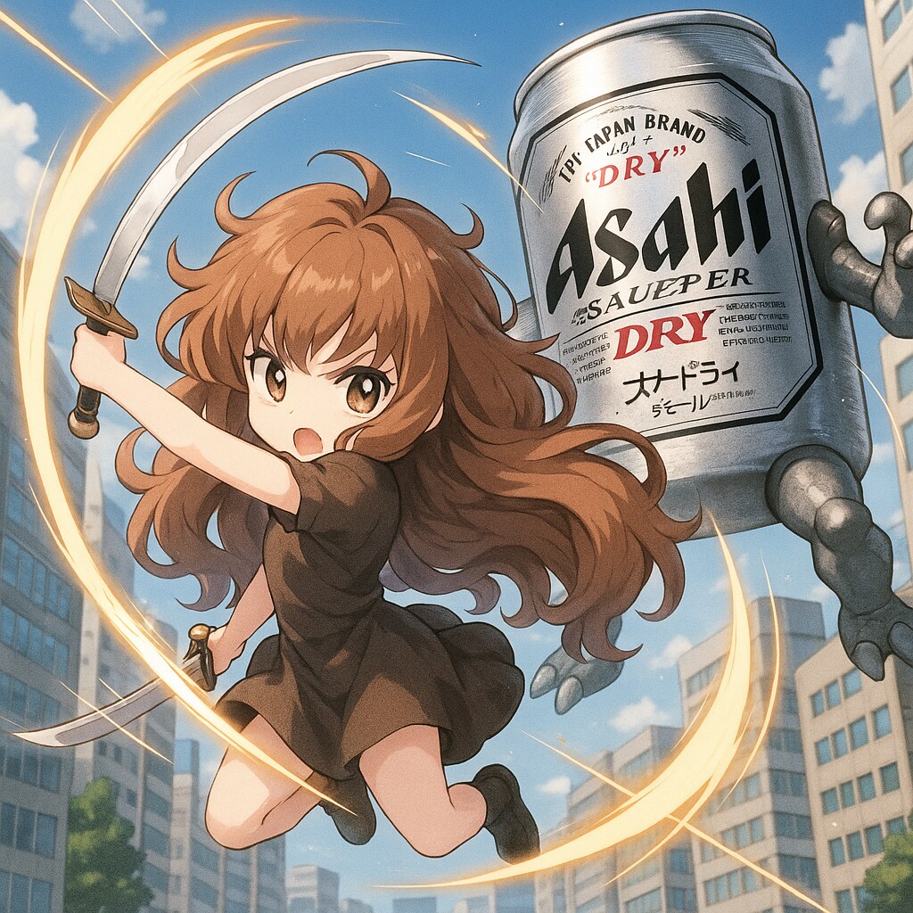 巨大なビール缶と対峙した小さな女の子