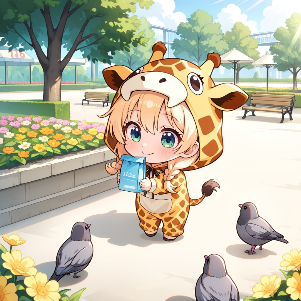 鳩さんと朝のご挨拶するキリン着ぐるみちび子ちゃん