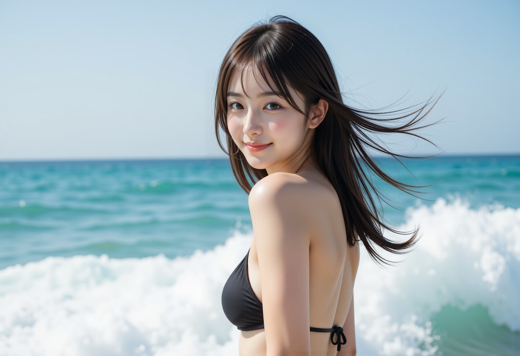 波打ち際の女性