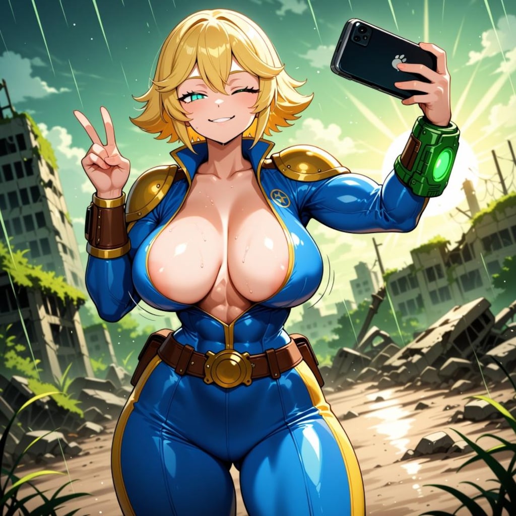 世紀末ピースサイン自撮りボディスーツコスプレ人妻＆白黒猫？