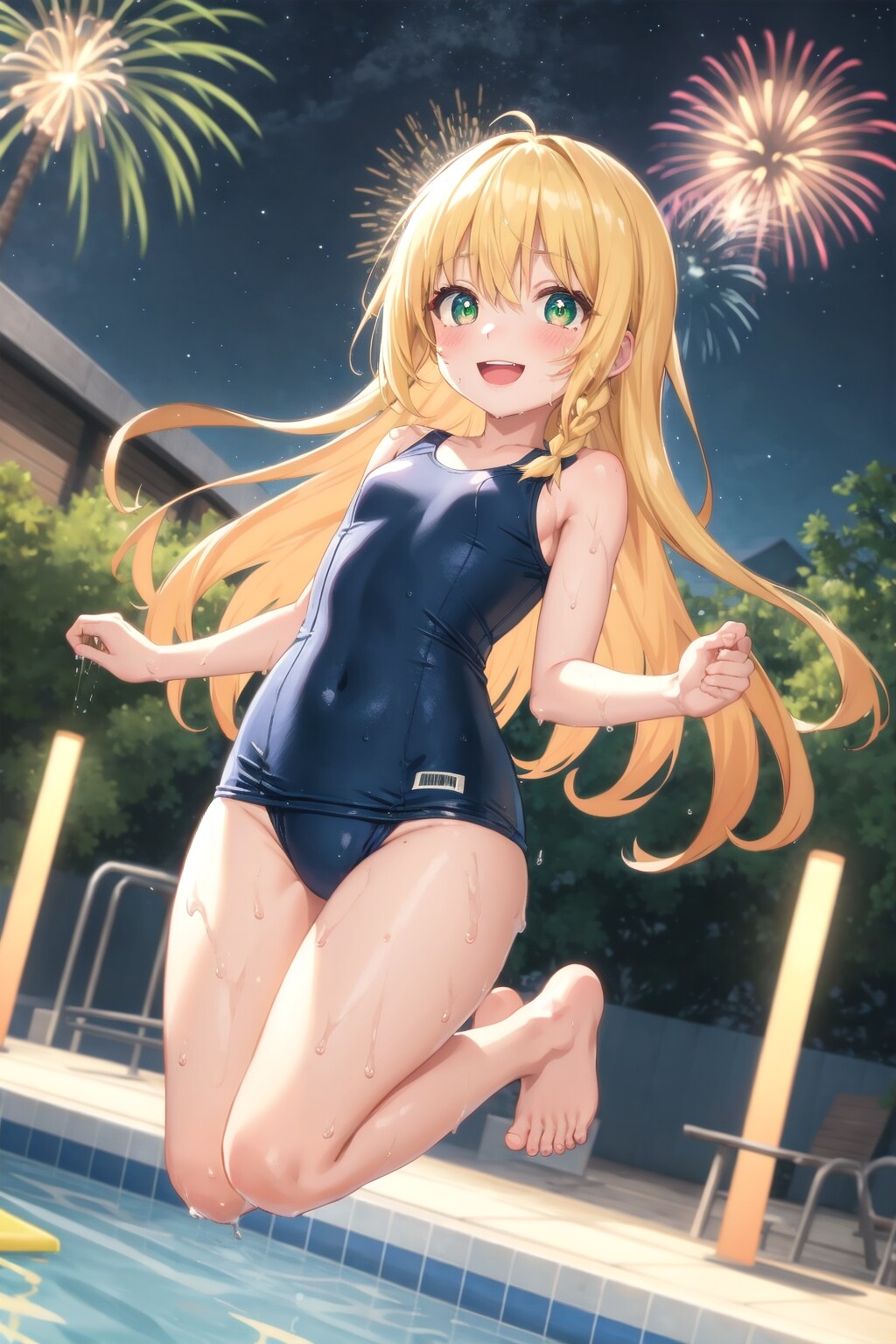 花火が打ち上がるプールで大はしゃぎ