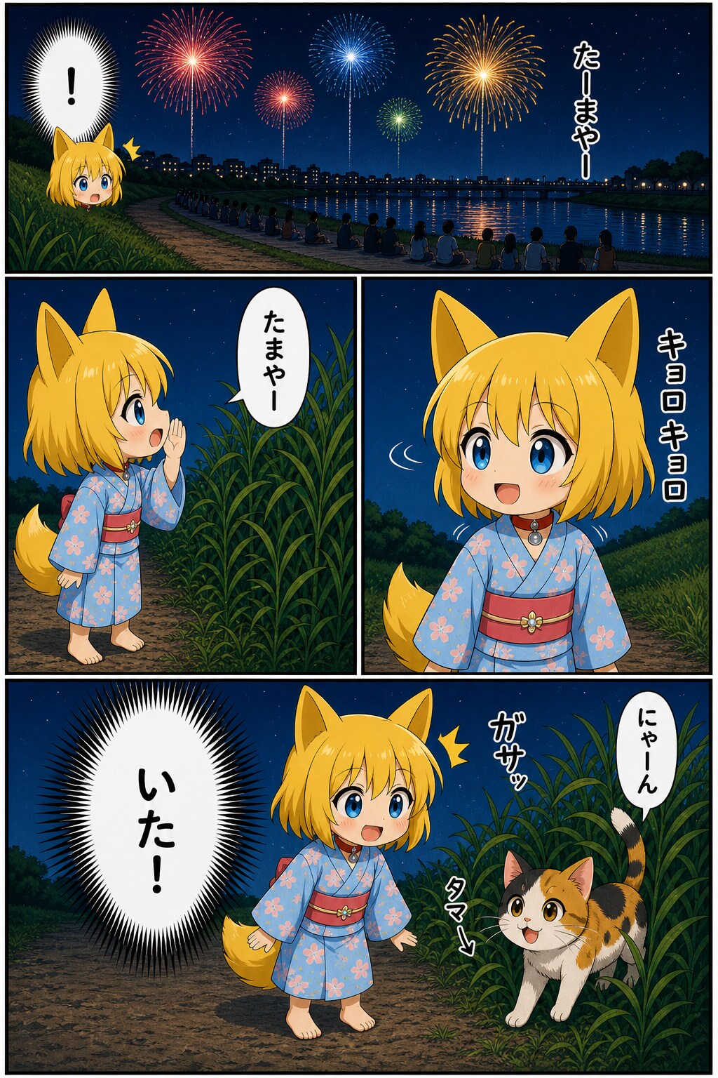 たまやをネコさんへの呼びかけと勘違いするキツネ