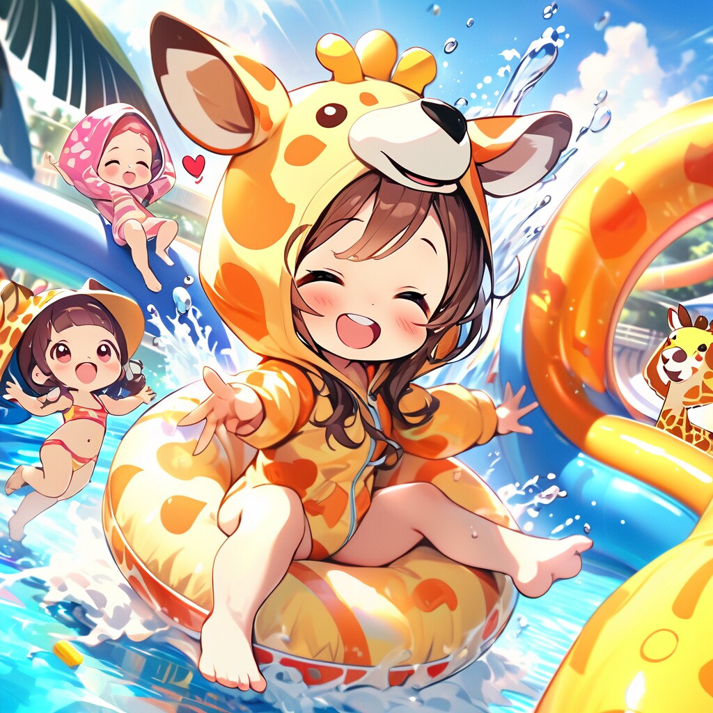 水着ではしゃぐキリン着ぐるみちび子ちゃん