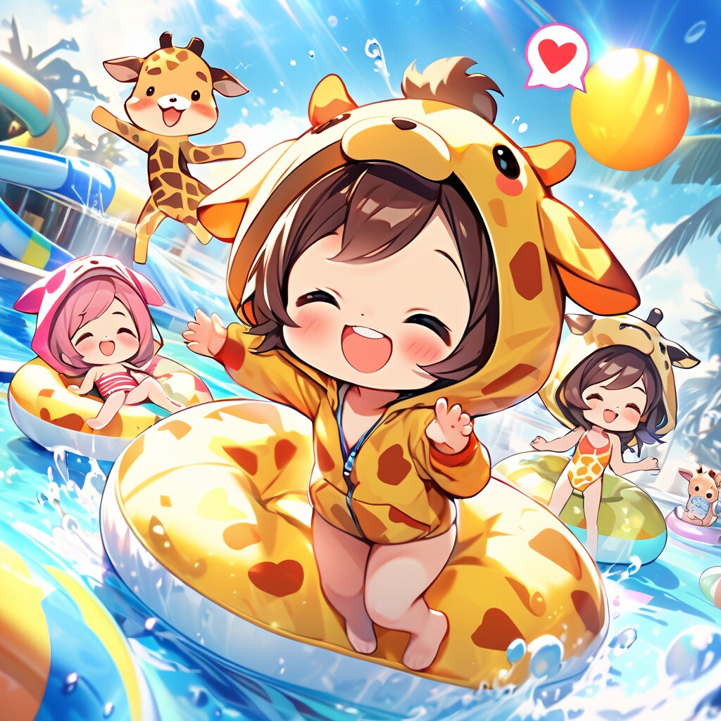 水着ではしゃぐキリン着ぐるみちび子ちゃん